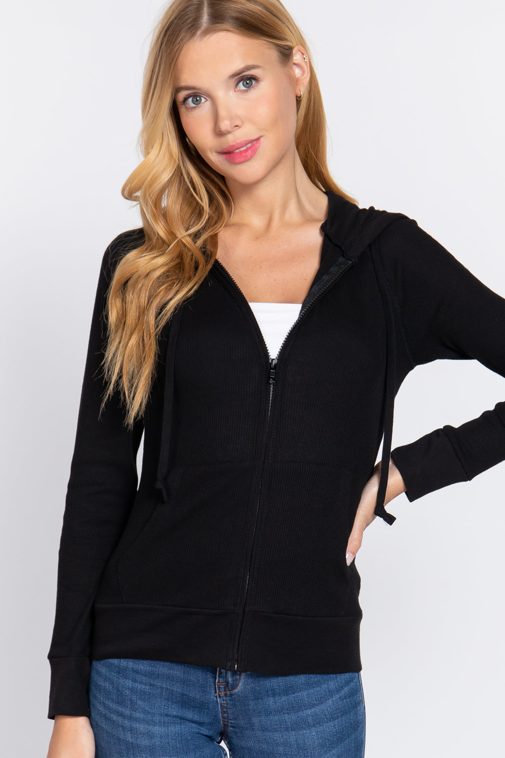 Women's Thermal Hoodie Sweatshirt Jacket Long Sleeve Full-Zip Pockets - Black