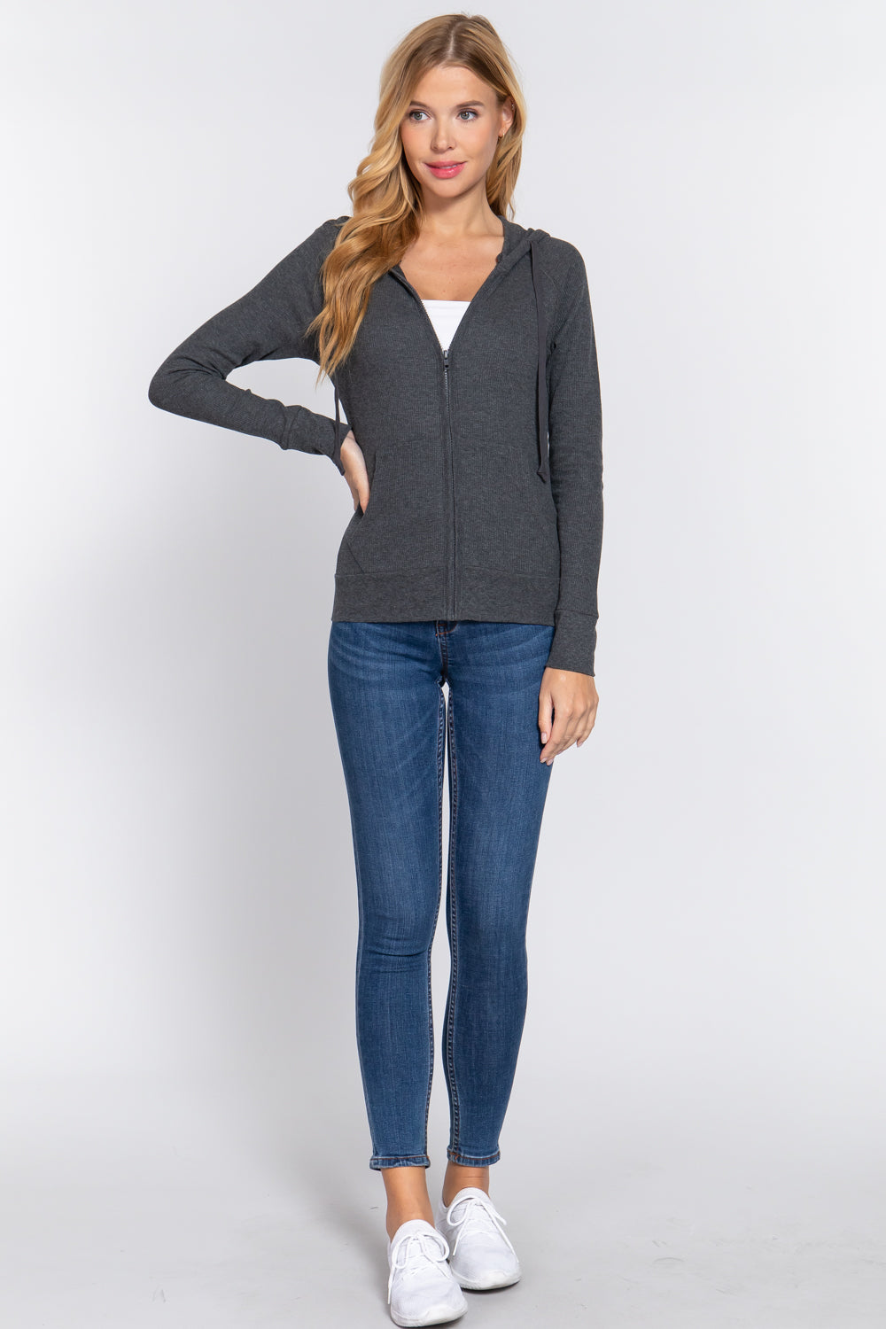 Women's Thermal Hoodie Sweatshirt Jacket Long Sleeve Full-Zip Pockets - Charcoal