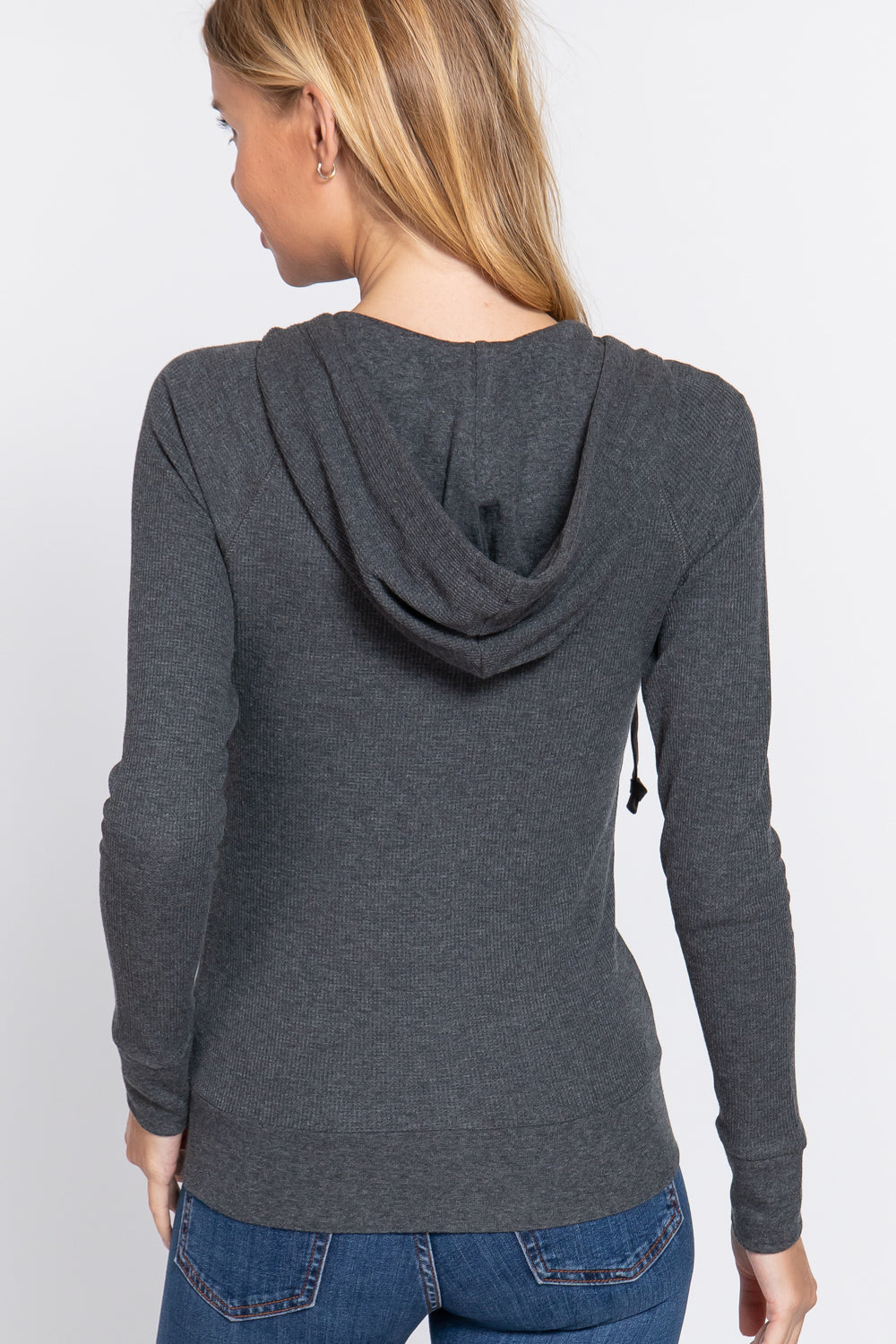 Women's Thermal Hoodie Sweatshirt Jacket Long Sleeve Full-Zip Pockets - Charcoal