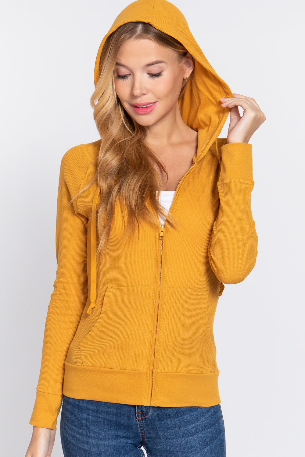Women's Thermal Hoodie Sweatshirt Jacket Long Sleeve Full-Zip Pockets - Mustard