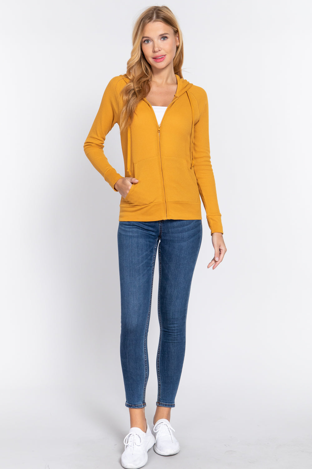 Women's Thermal Hoodie Sweatshirt Jacket Long Sleeve Full-Zip Pockets - Mustard