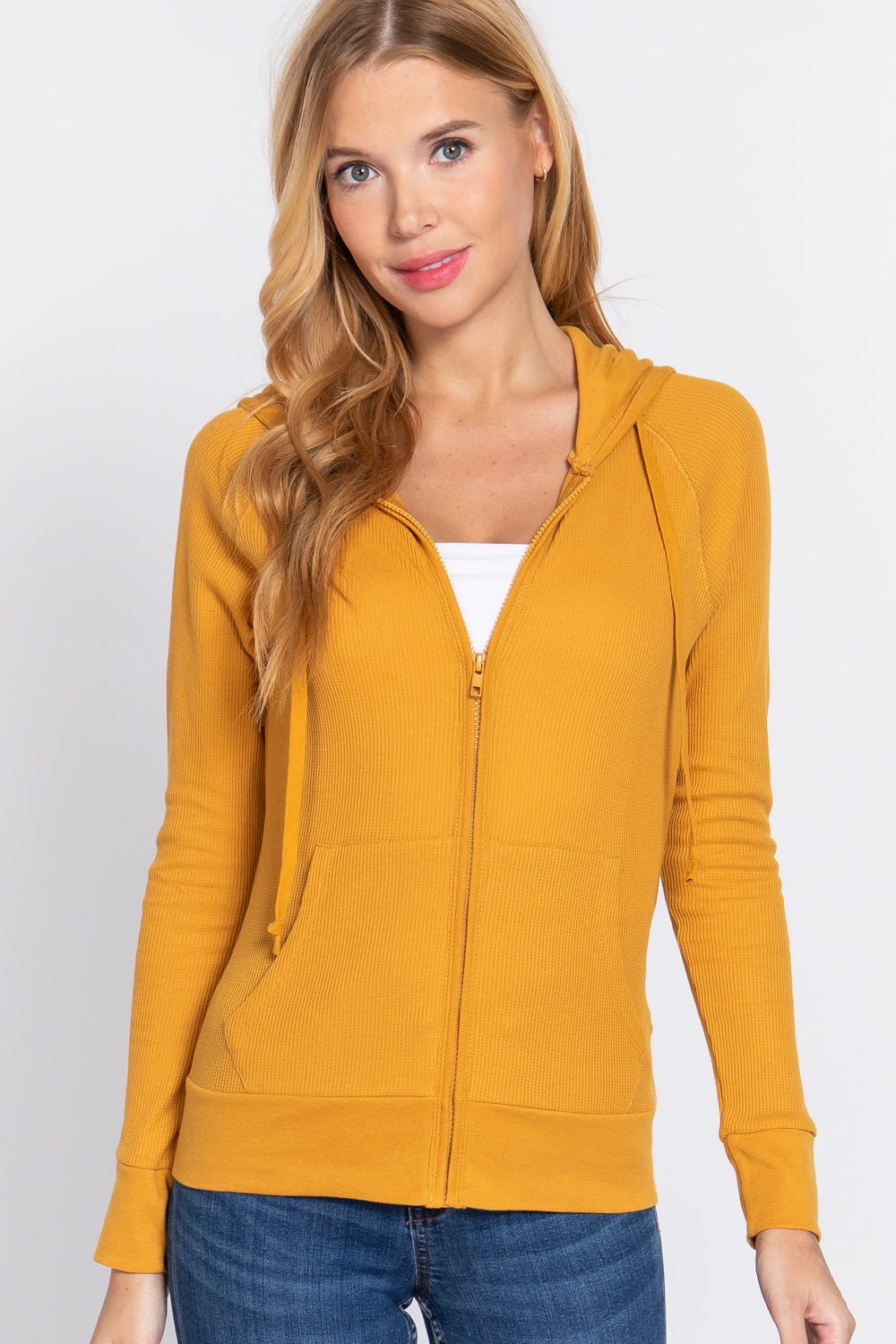 Women's Thermal Hoodie Sweatshirt Jacket Long Sleeve Full-Zip Pockets - Mustard