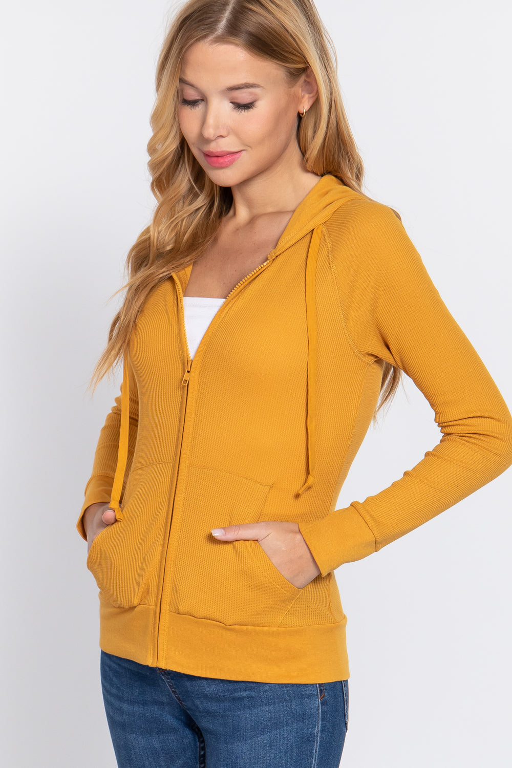 Women's Thermal Hoodie Sweatshirt Jacket Long Sleeve Full-Zip Pockets - Mustard
