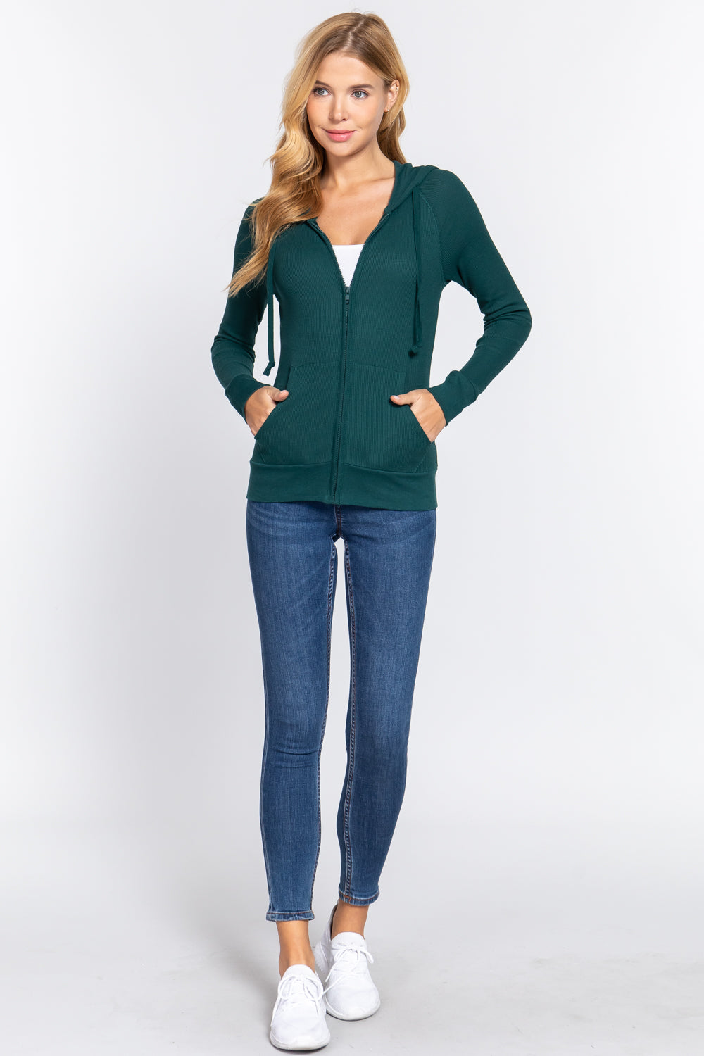 Women's Thermal Hoodie Sweatshirt Jacket Long Sleeve Full-Zip Pockets - Green