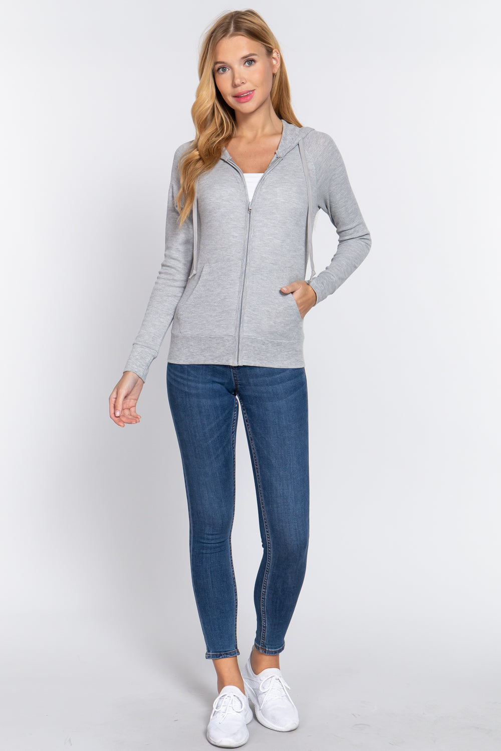Women's Thermal Hoodie Sweatshirt Jacket Long Sleeve Full-Zip Pockets - Grey