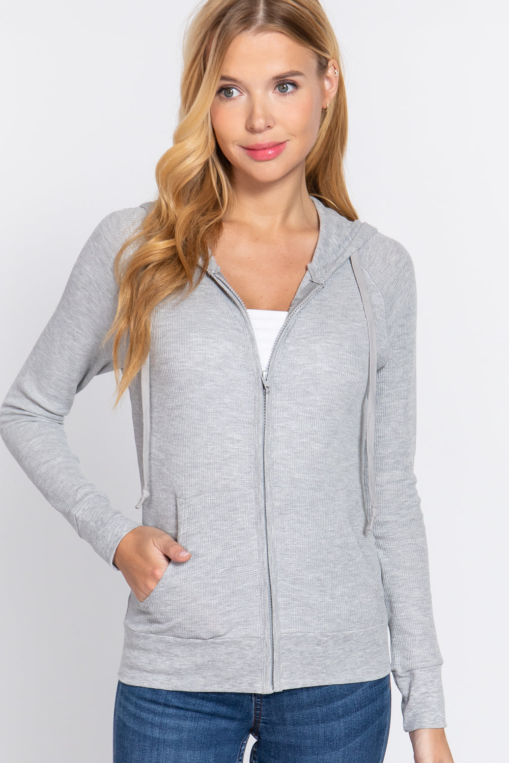 Women's Thermal Hoodie Sweatshirt Jacket Long Sleeve Full-Zip Pockets - Grey