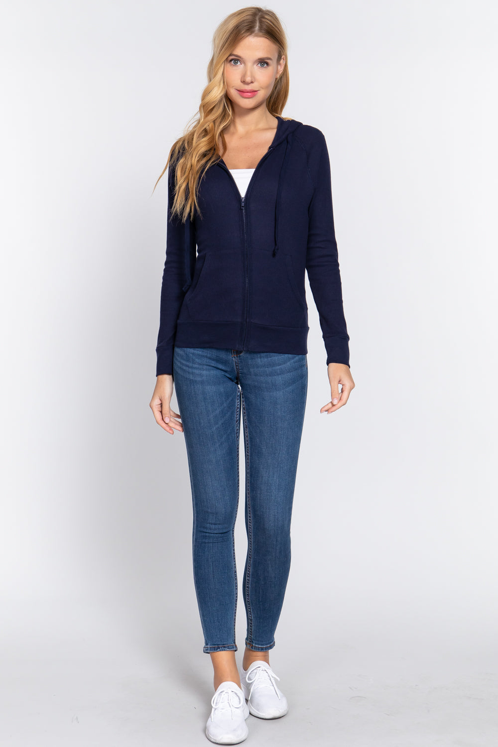 Women's Thermal Hoodie Sweatshirt Jacket Long Sleeve Full-Zip Pockets - Navy