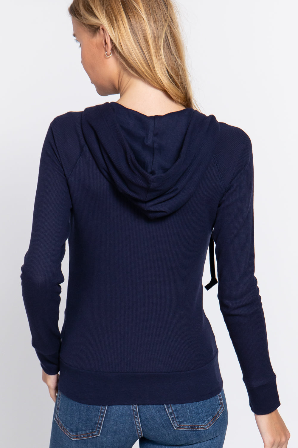 Women's Thermal Hoodie Sweatshirt Jacket Long Sleeve Full-Zip Pockets - Navy