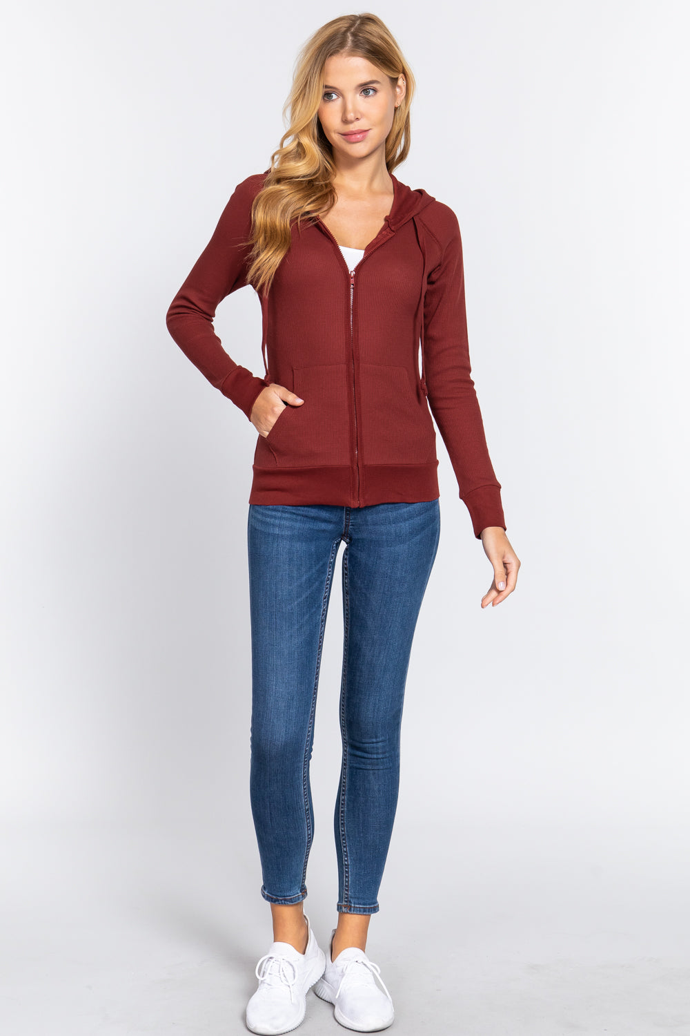 Women's Thermal Hoodie Sweatshirt Jacket Long Sleeve Full-Zip Pockets - Rust