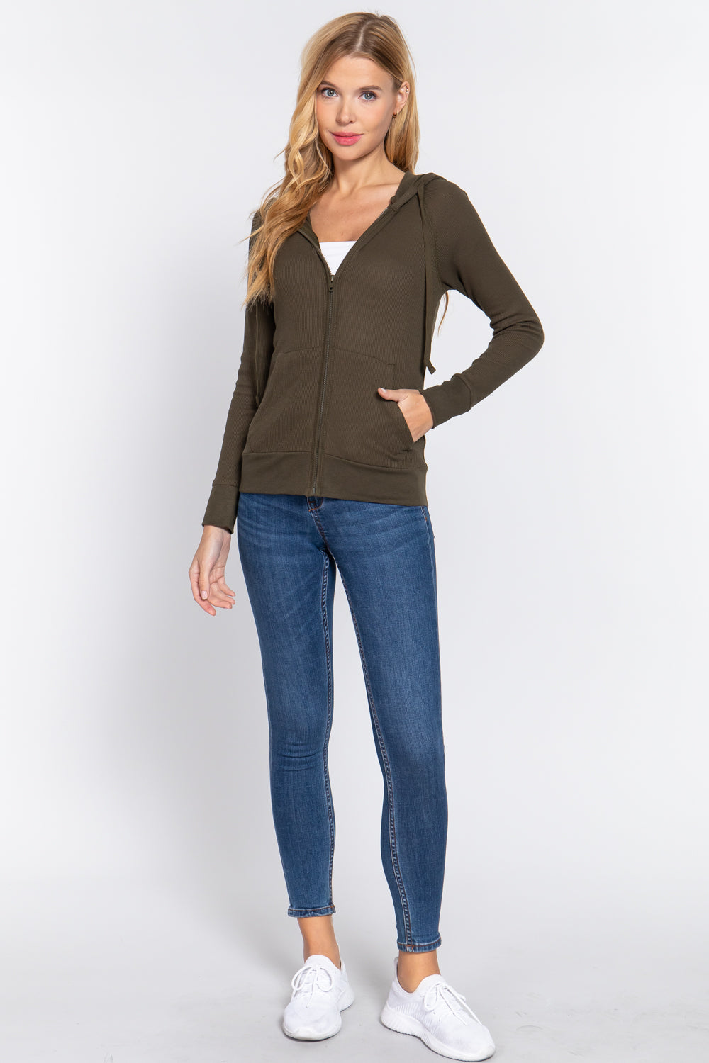 Women's Thermal Hoodie Sweatshirt Jacket Long Sleeve Full-Zip Pockets - Olive