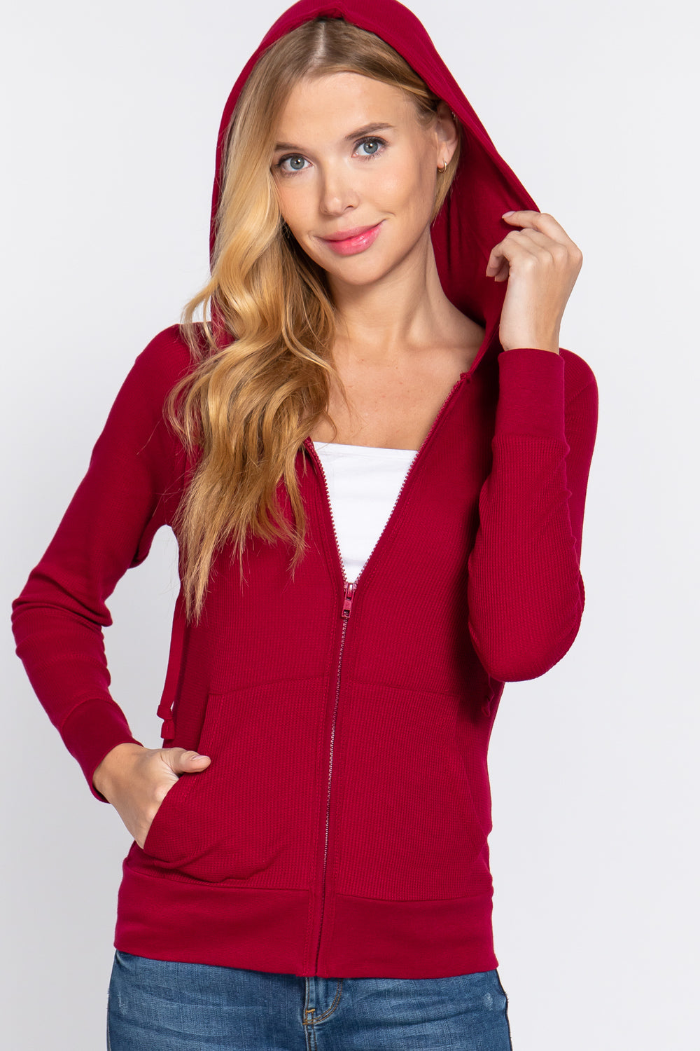 Women's Thermal Hoodie Sweatshirt Jacket Long Sleeve Full-Zip Pockets - Wine