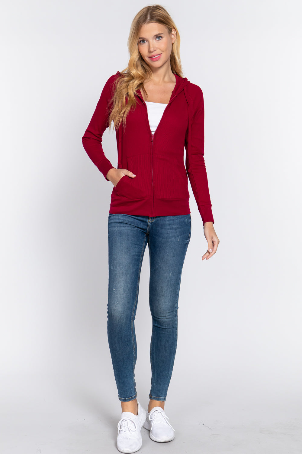 Women's Thermal Hoodie Sweatshirt Jacket Long Sleeve Full-Zip Pockets - Wine