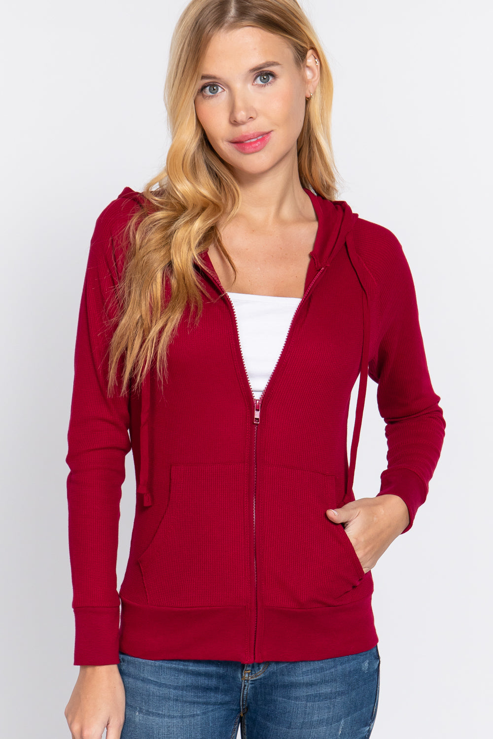 Women's Thermal Hoodie Sweatshirt Jacket Long Sleeve Full-Zip Pockets - Wine