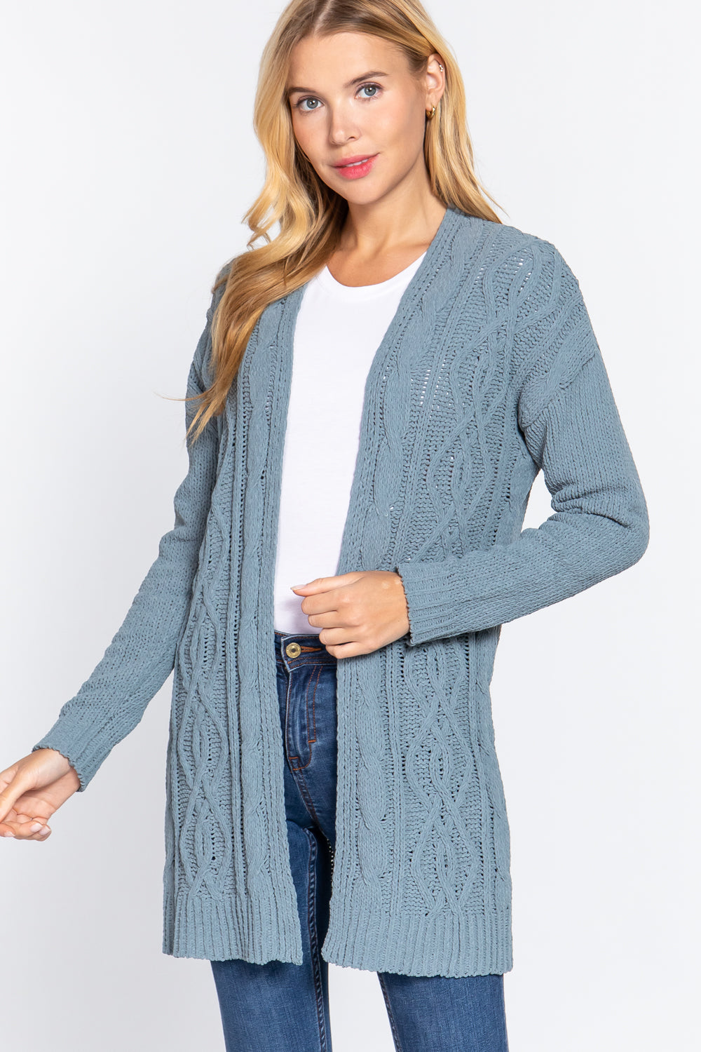 Women's Open Front Long Sleeve Chenille Sweater Long Cardigan - Steel Blue