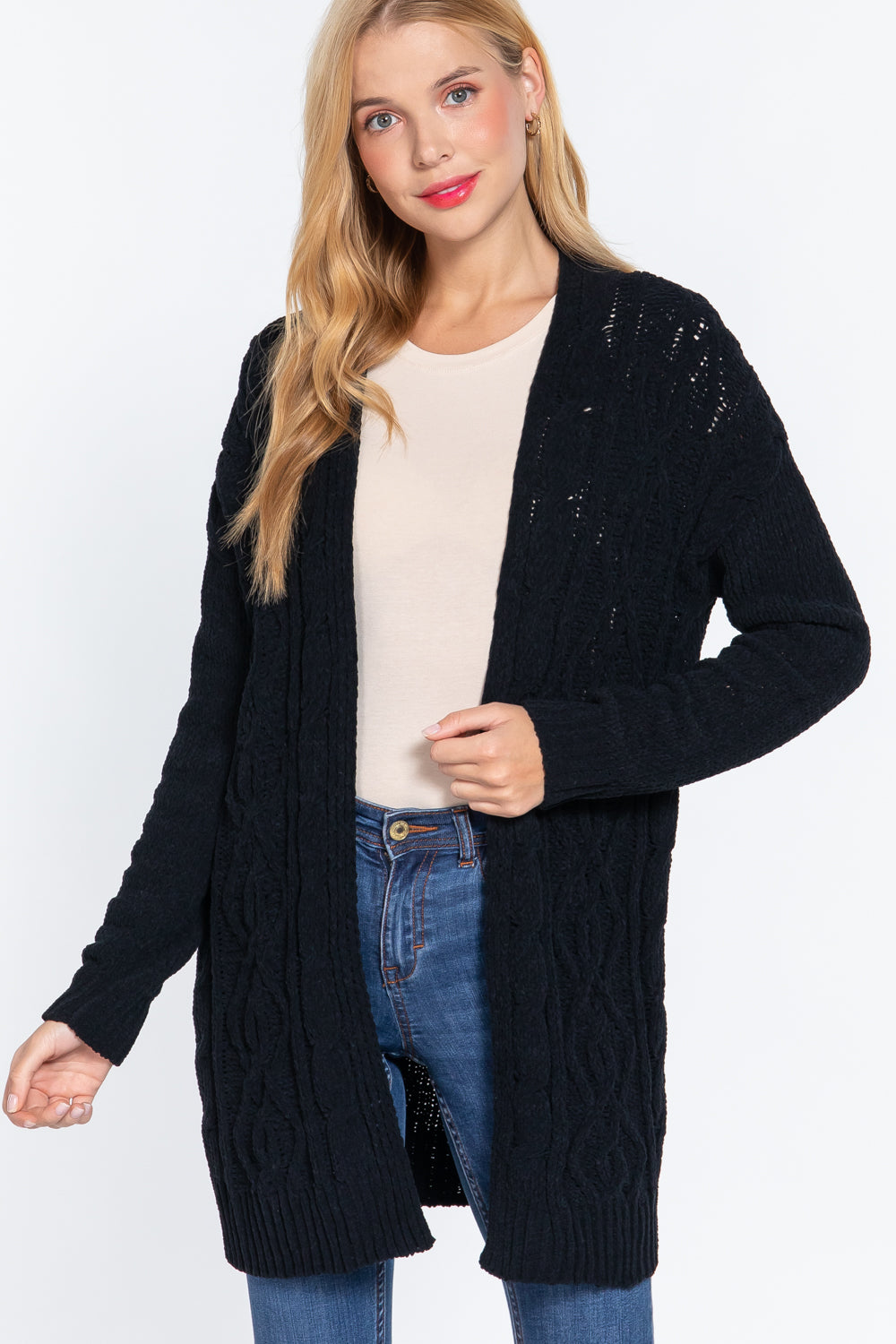 Women's Open Front Long Sleeve Chenille Sweater Long Cardigan - Black