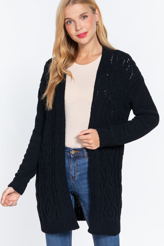 Women's Open Front Long Sleeve Chenille Sweater Long Cardigan - Black