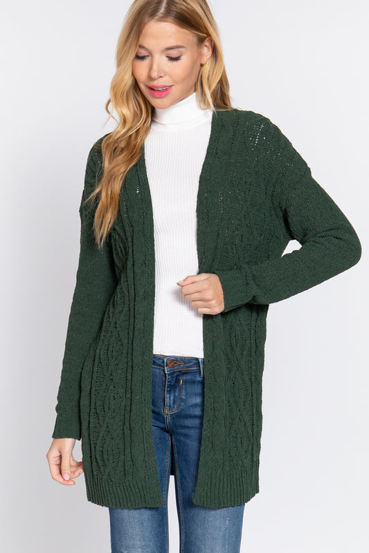 Women's Open Front Long Sleeve Chenille Sweater Long Cardigan - Gloomy Green