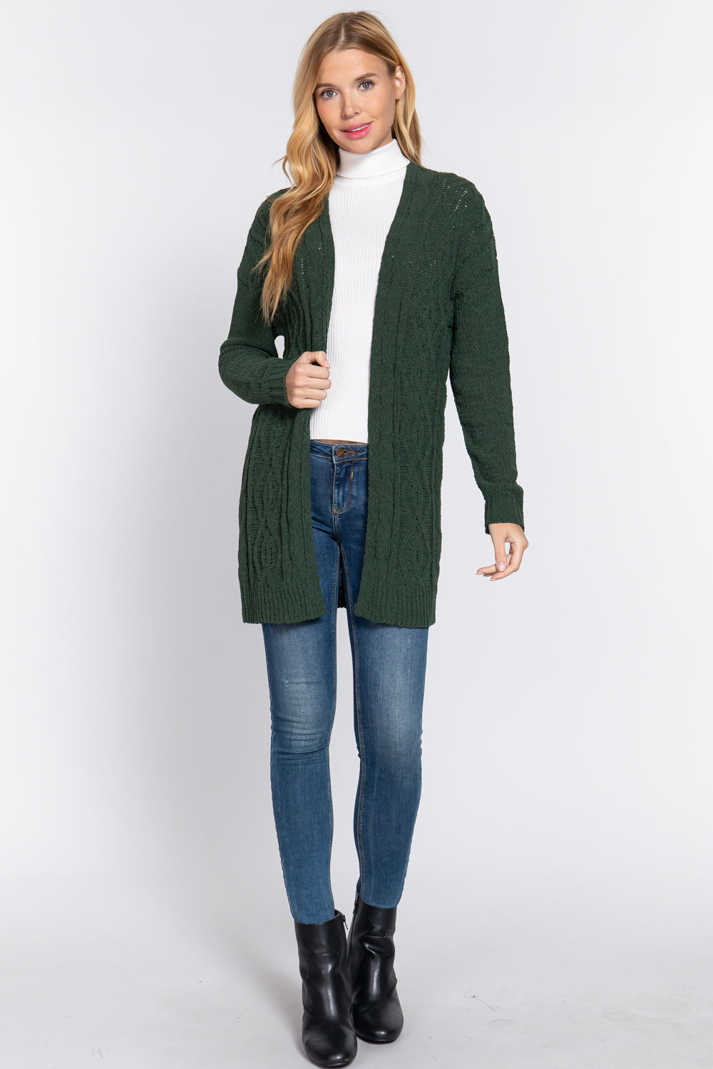Women's Open Front Long Sleeve Chenille Sweater Long Cardigan - Gloomy Green