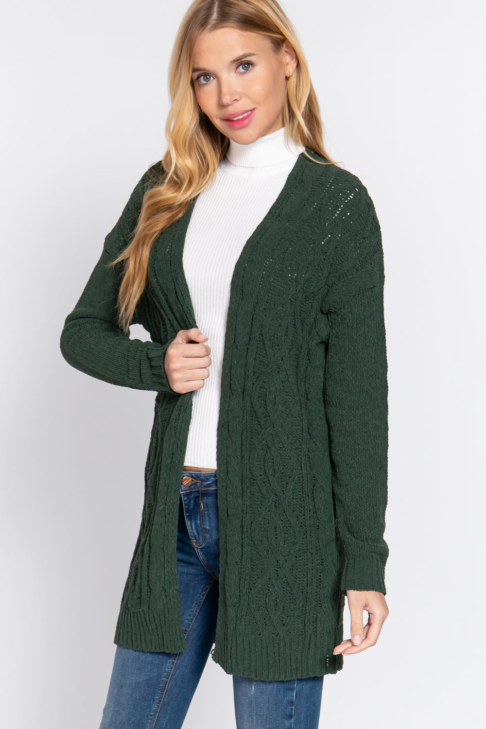 Women's Open Front Long Sleeve Chenille Sweater Long Cardigan - Gloomy Green