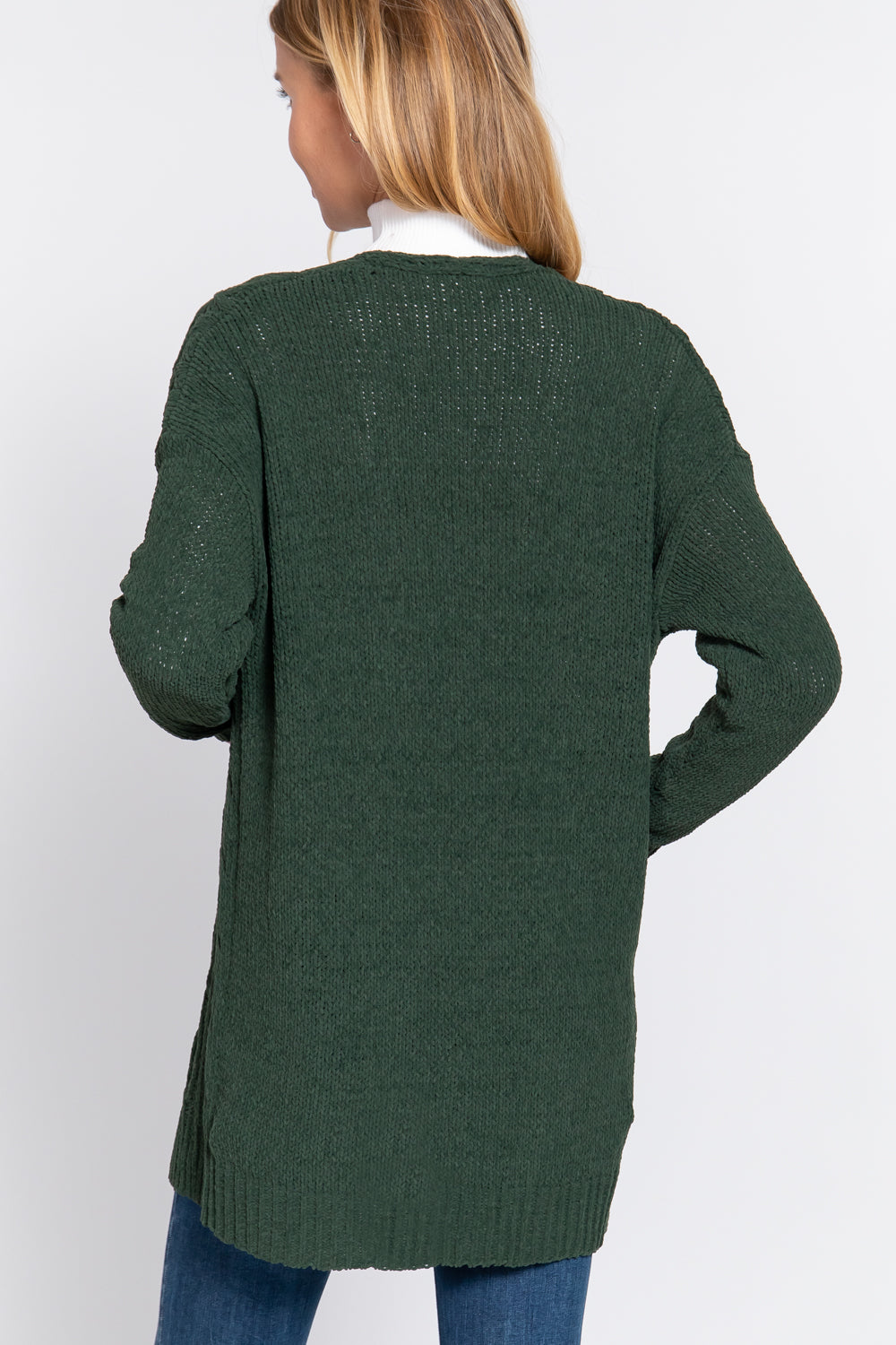 Women's Open Front Long Sleeve Chenille Sweater Long Cardigan - Gloomy Green