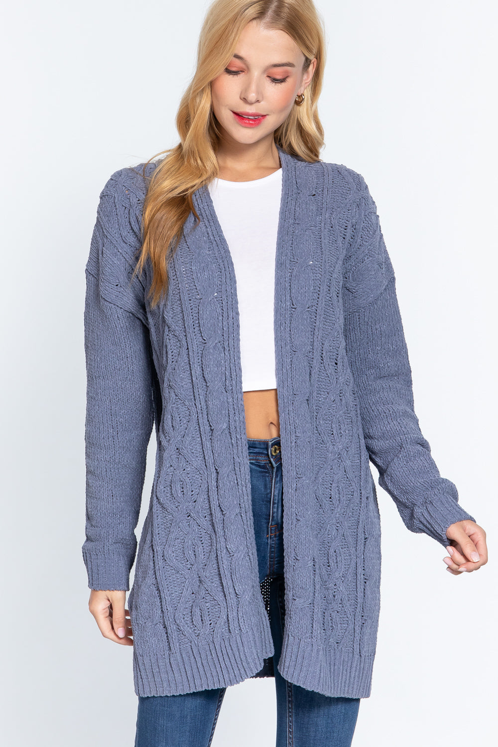 Women's Open Front Long Sleeve Chenille Sweater Long Cardigan - Greyish Blue
