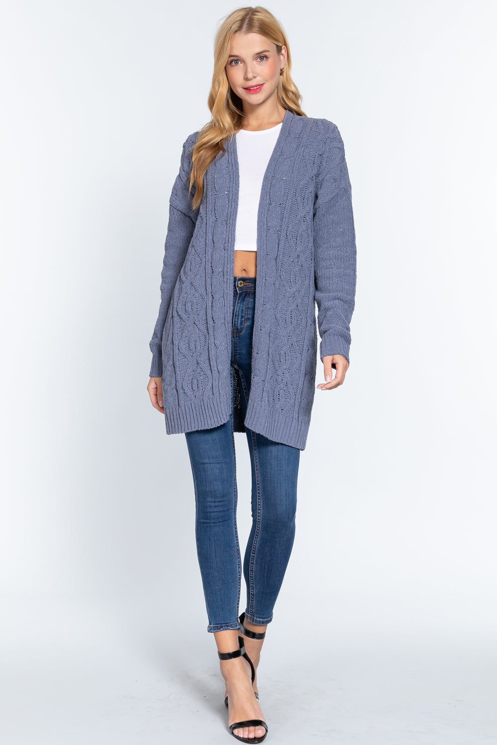 Women's Open Front Long Sleeve Chenille Sweater Long Cardigan - Greyish Blue