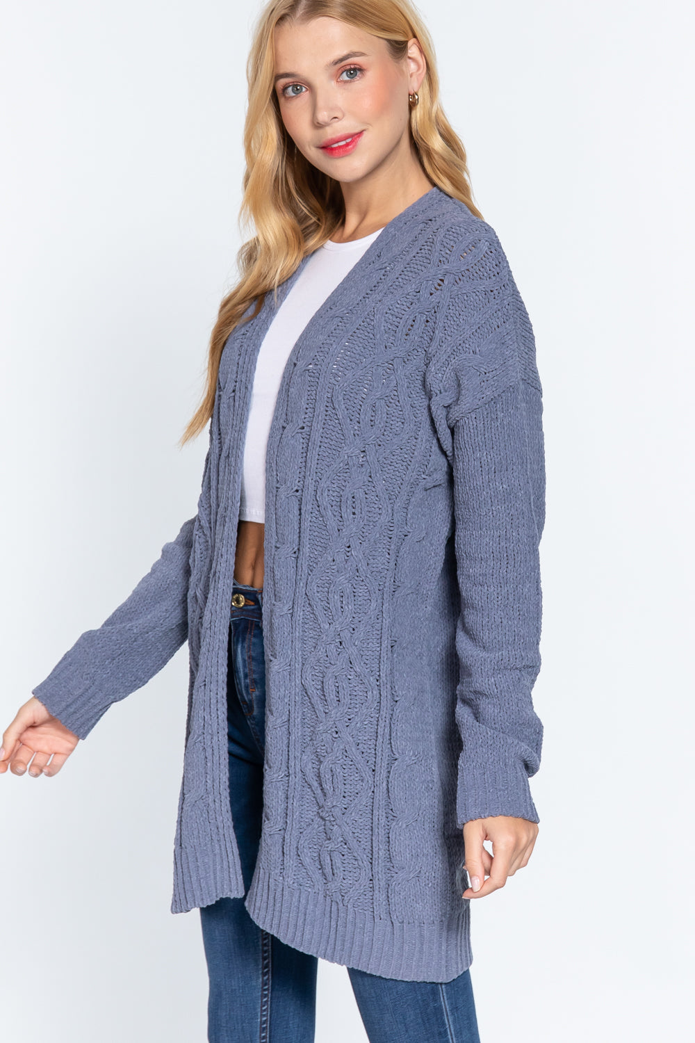 Women's Open Front Long Sleeve Chenille Sweater Long Cardigan - Greyish Blue