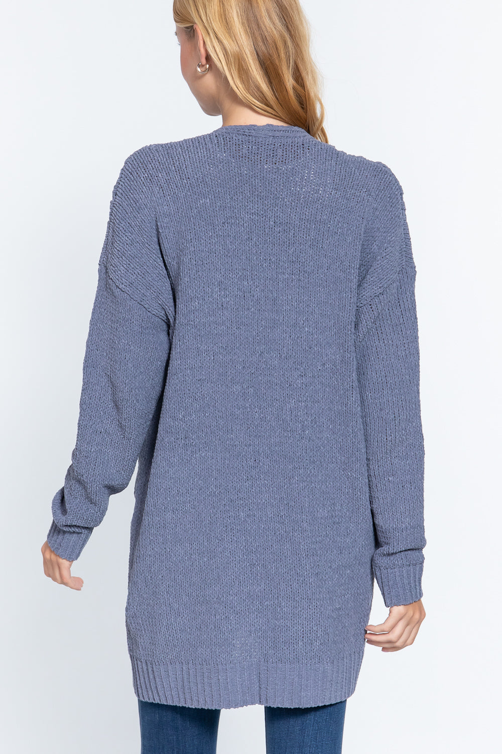 Women's Open Front Long Sleeve Chenille Sweater Long Cardigan - Greyish Blue