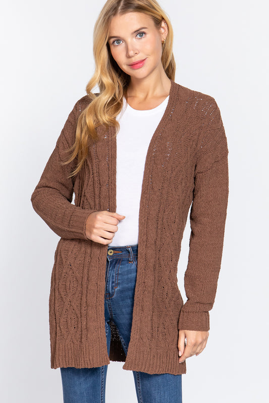 Women's Open Front Long Sleeve Chenille Sweater Long Cardigan - Brown