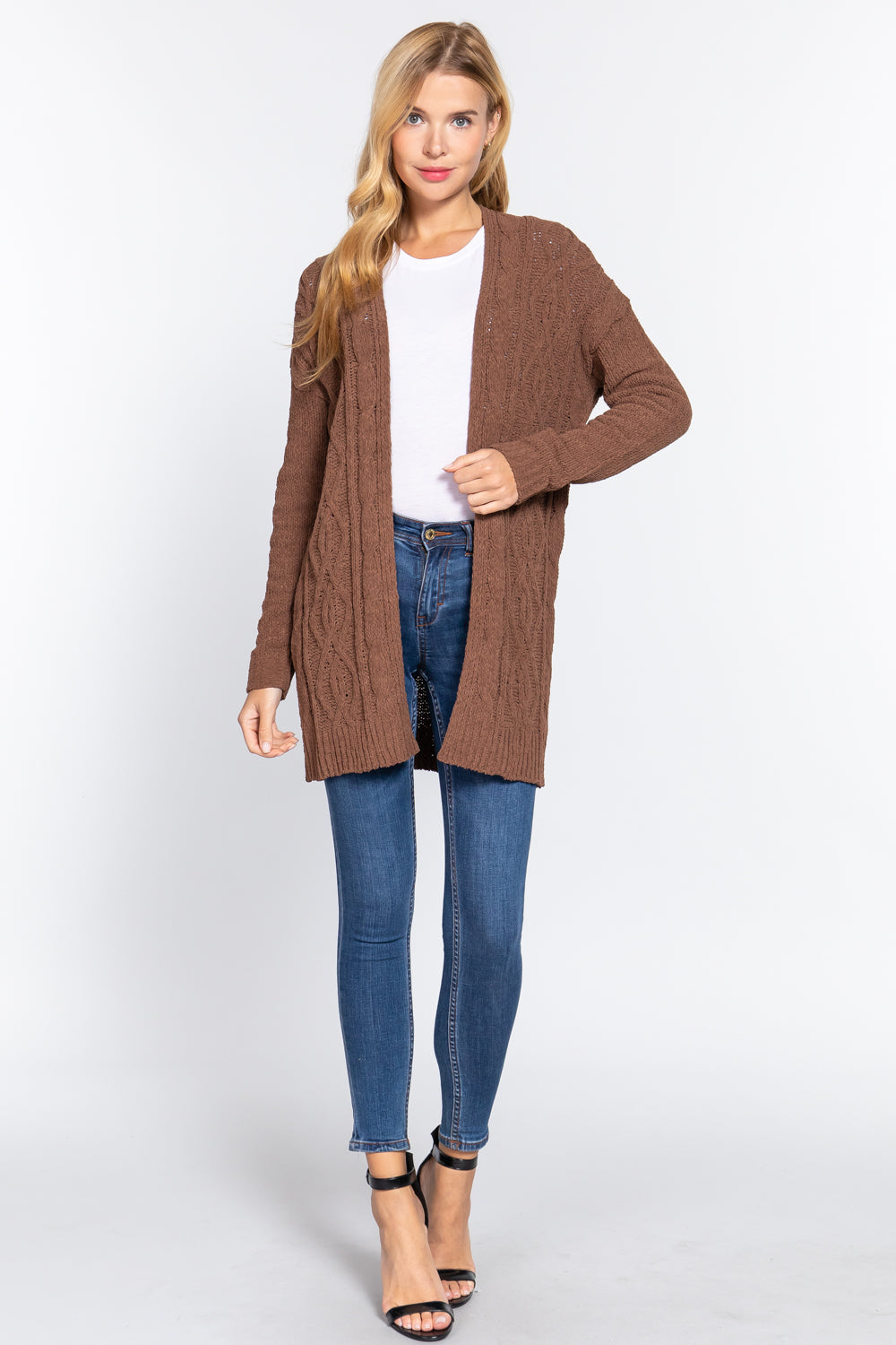 Women's Open Front Long Sleeve Chenille Sweater Long Cardigan - Brown
