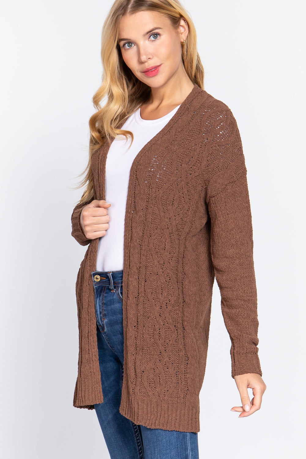 Women's Open Front Long Sleeve Chenille Sweater Long Cardigan - Brown