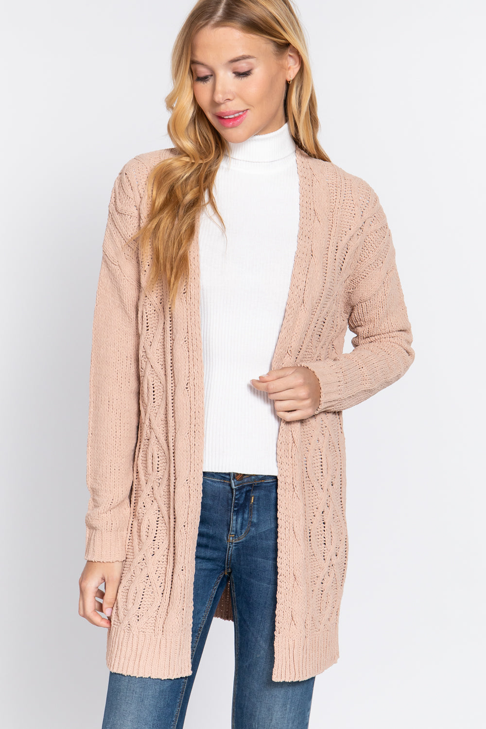 Women's Open Front Long Sleeve Chenille Sweater Long Cardigan - Salmon Pink