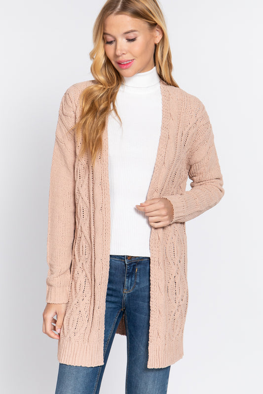 Women's Open Front Long Sleeve Chenille Sweater Long Cardigan - Salmon Pink