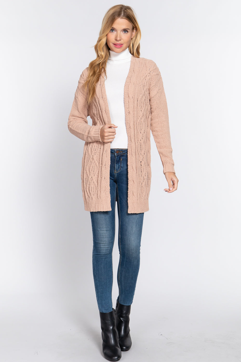 Women's Open Front Long Sleeve Chenille Sweater Long Cardigan - Salmon Pink