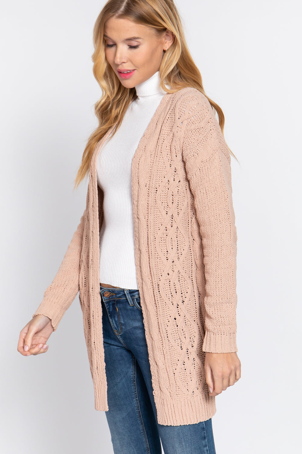 Women's Open Front Long Sleeve Chenille Sweater Long Cardigan - Salmon Pink