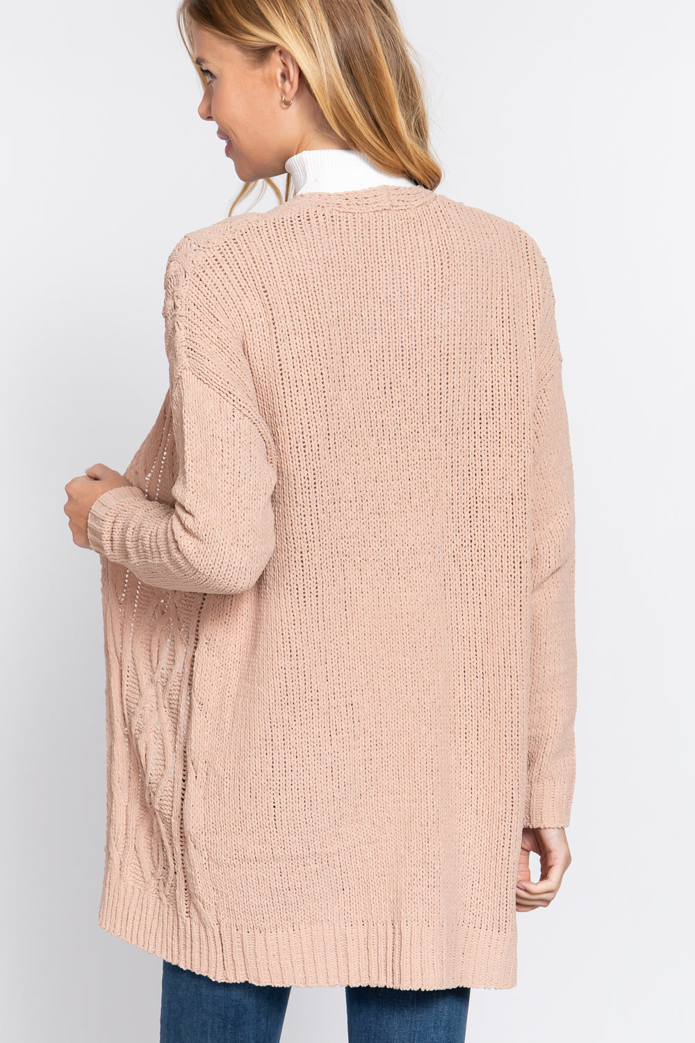 Women's Open Front Long Sleeve Chenille Sweater Long Cardigan - Salmon Pink