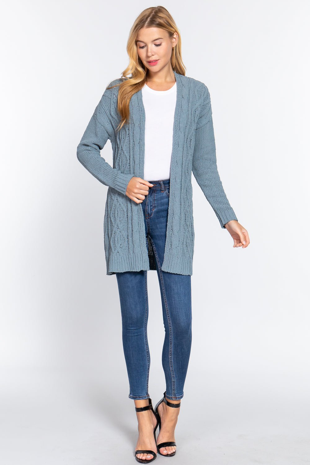 Women's Open Front Long Sleeve Chenille Sweater Long Cardigan - Steel Blue