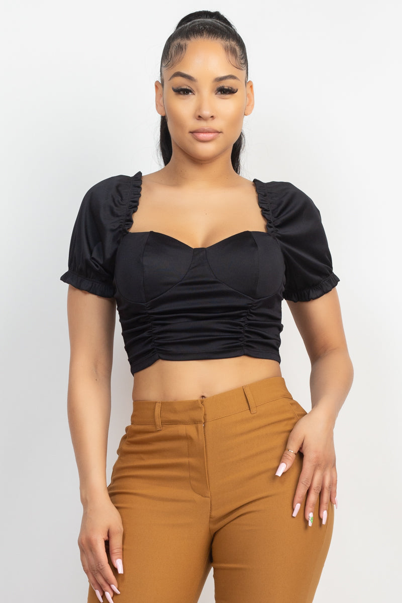 Women's Sweetheart Neck Crop Top Ruching Short Puff Sleeve Blouse T-Shirt Solid
