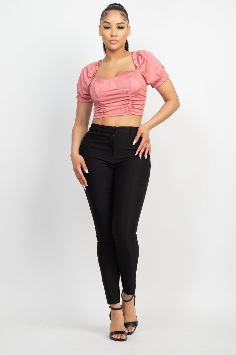 Women's Sweetheart Neck Crop Top Ruching Short Puff Sleeve Blouse T-Shirt Solid