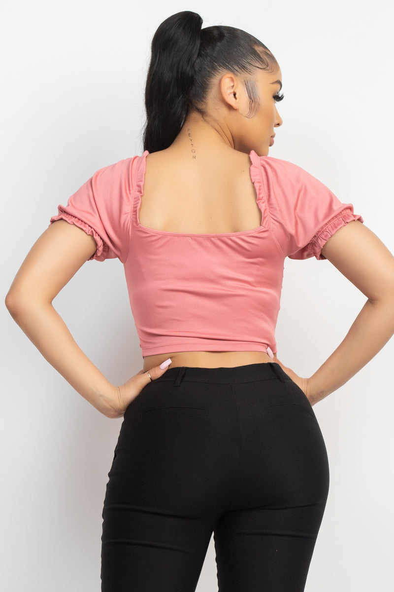 Women's Sweetheart Neck Crop Top Ruching Short Puff Sleeve Blouse T-Shirt Solid