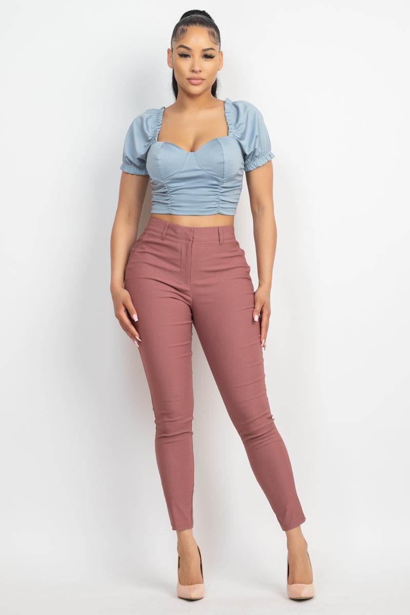 Women's Sweetheart Neck Crop Top Ruching Short Puff Sleeve Blouse T-Shirt Solid