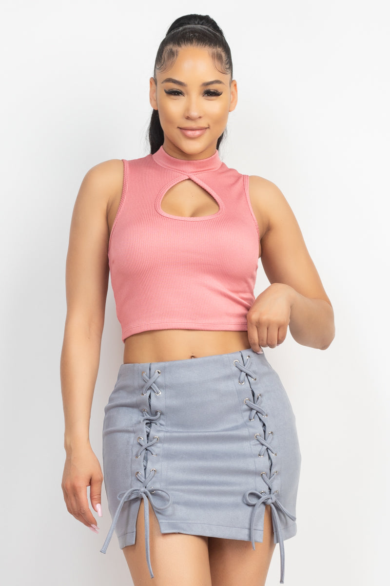 Women's Mock Neck Keyhole-front Sleeveless T-Shirt Rib Cropped Top - Mauve Pink