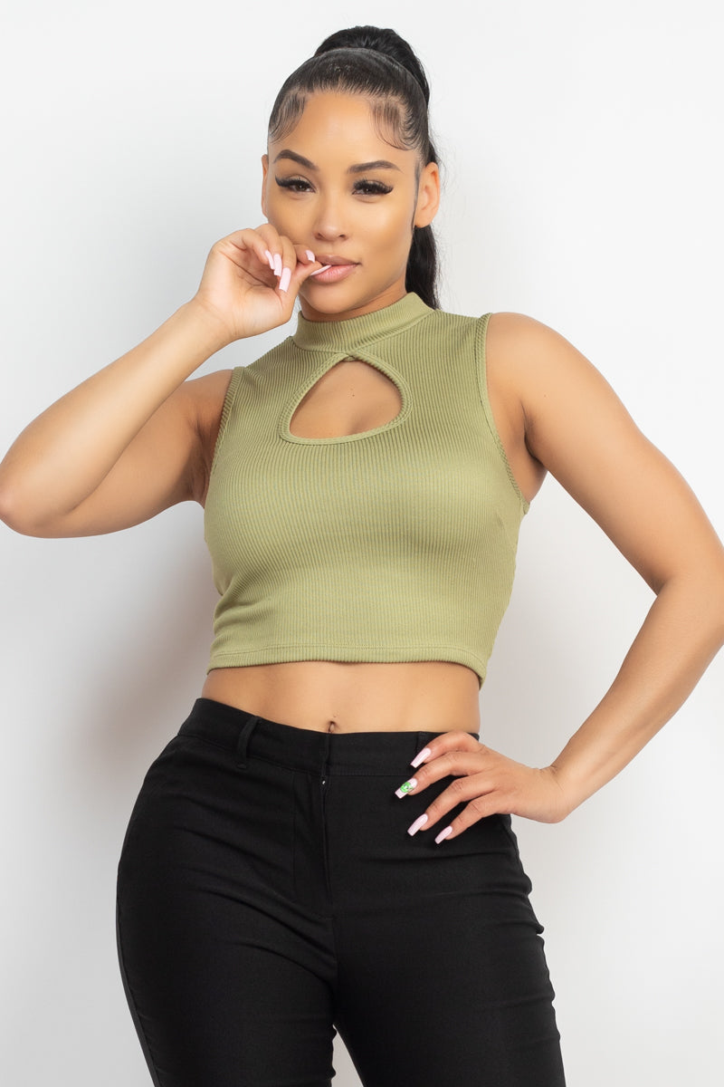 Women's Mock Neck Keyhole-front Sleeveless T-Shirt Rib Cropped Top - Olive Green