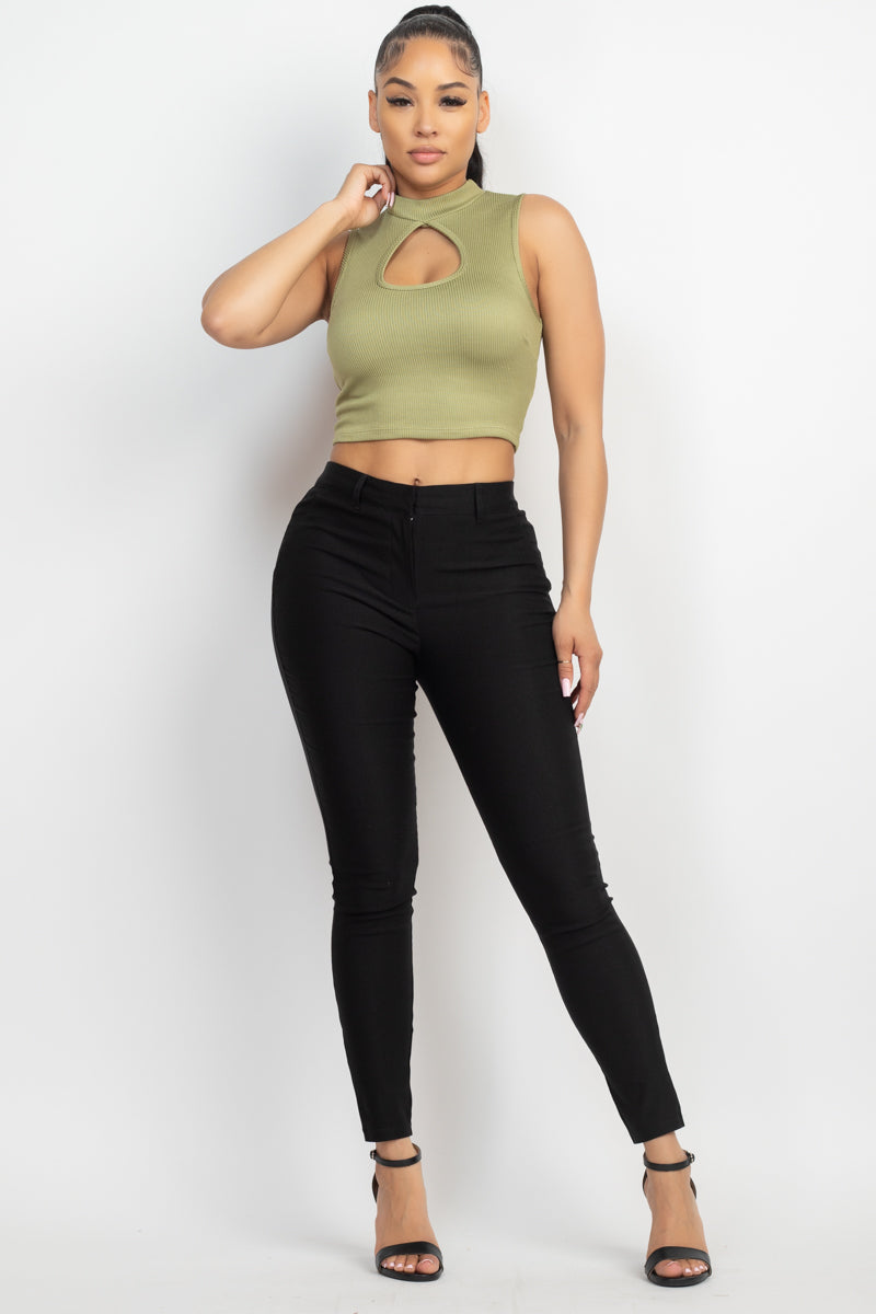 Women's Mock Neck Keyhole-front Sleeveless T-Shirt Rib Cropped Top - Olive Green