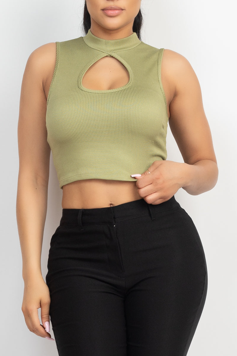 Women's Mock Neck Keyhole-front Sleeveless T-Shirt Rib Cropped Top - Olive Green