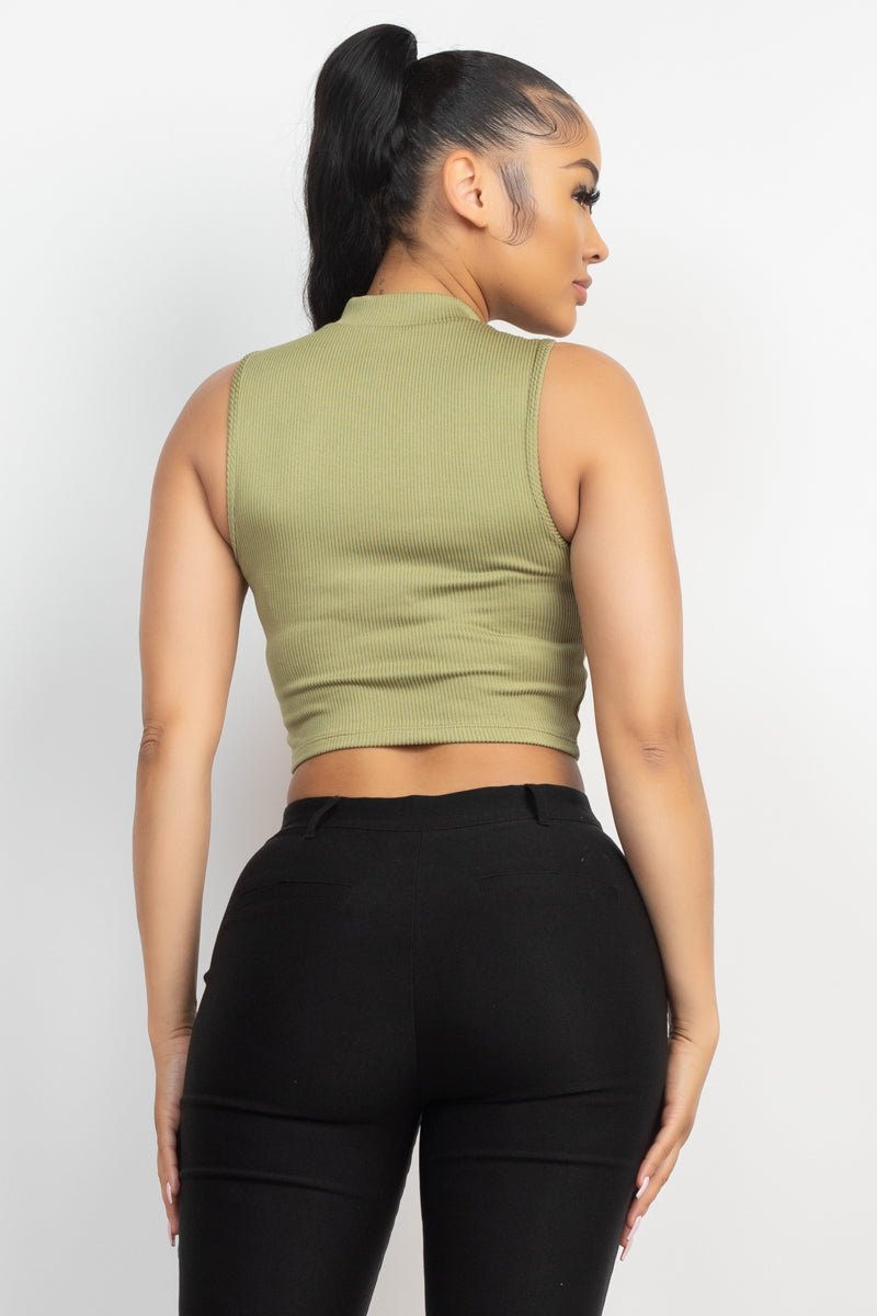 Women's Mock Neck Keyhole-front Sleeveless T-Shirt Rib Cropped Top - Olive Green
