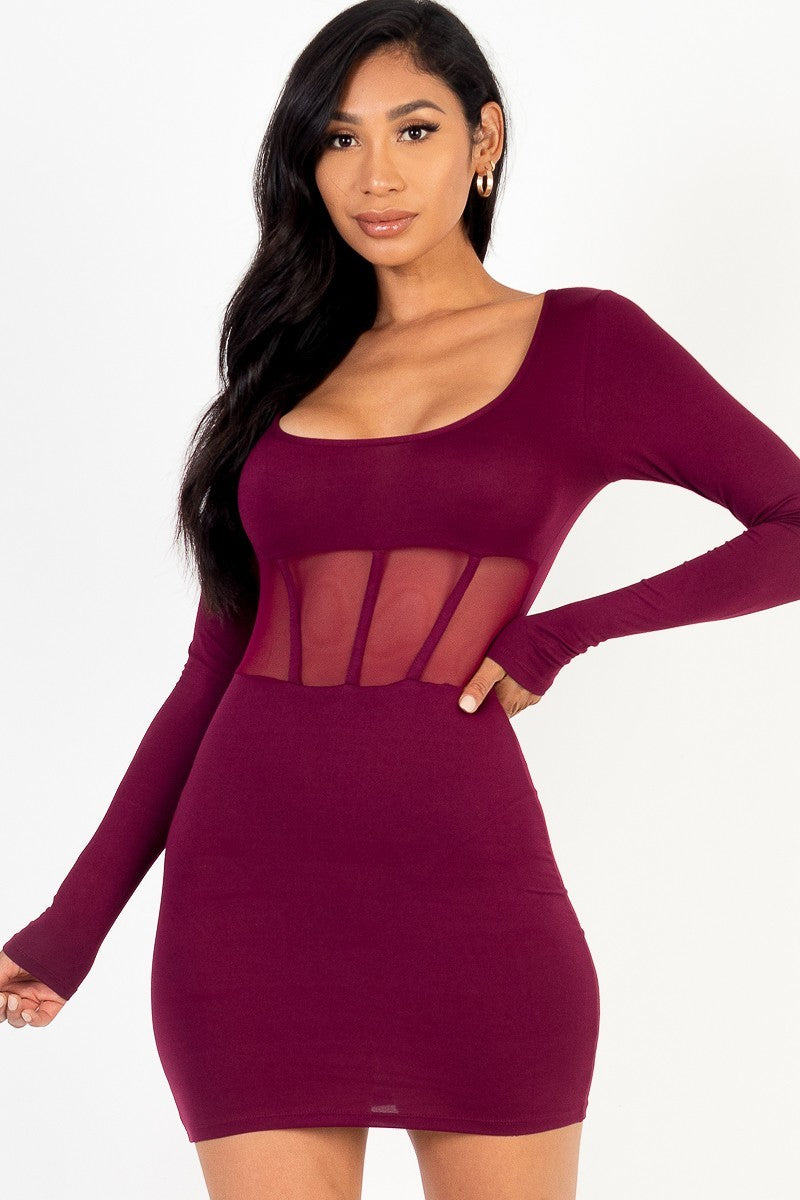 Women's Square Neck Mini Dress Stretch Bodycon Mesh Corset Long Sleeve T-Shirt