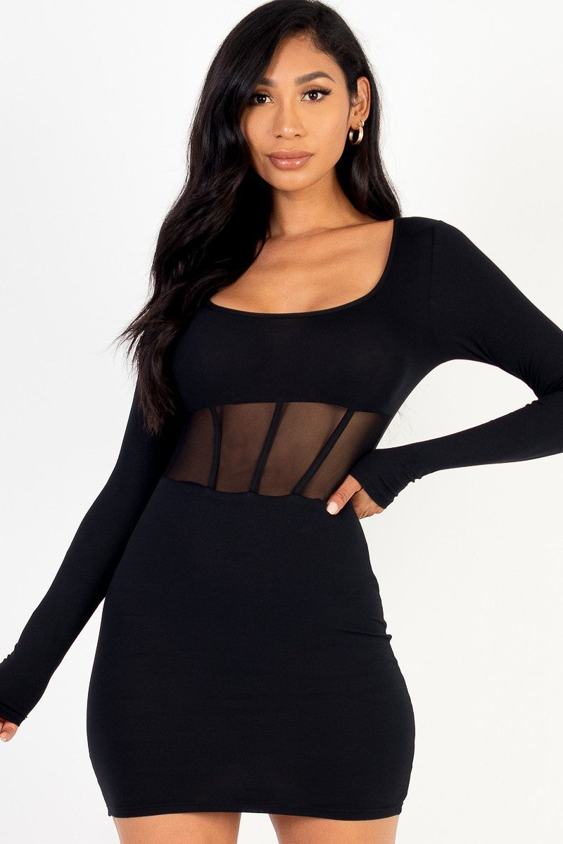Women's Square Neck Mini Dress Stretch Bodycon Mesh Corset Long Sleeve T-Shirt