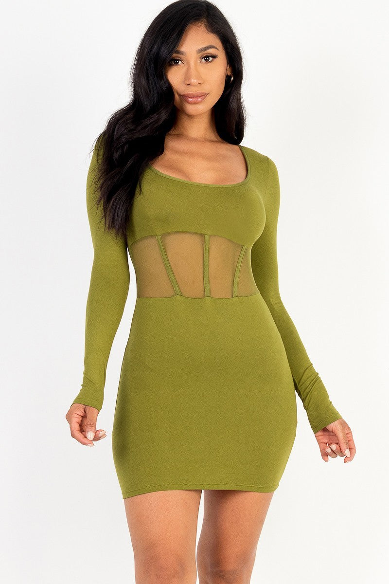 Women's Square Neck Mini Dress Stretch Bodycon Mesh Corset Long Sleeve T-Shirt