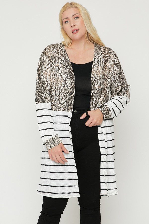 Women's Open Front Cardigan Long Sleeves Silhouette Rayon Print-striped Top